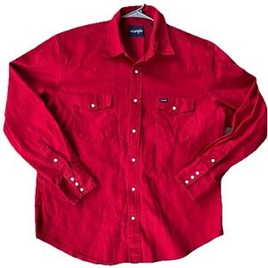Wrangler VTG Pearl Snap Shirt Mens XL Red Denim Western Cowboy Rodeo J.B. Mauney